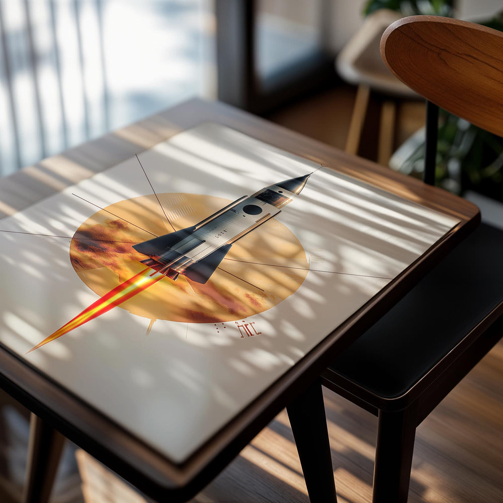 Rocket launching against a sun-like background with geometric patterns, as a premium aluminum metal print from GoMetalPrint.
