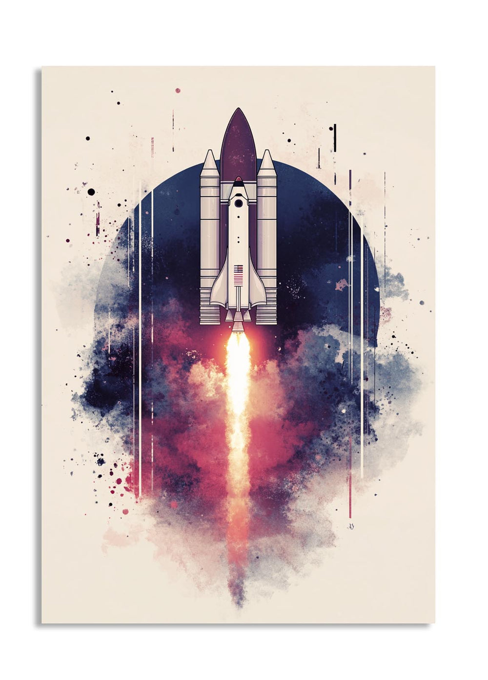 Space rocket launch illustration on a beige background, as a premium aluminum metal print from GoMetalPrint.
