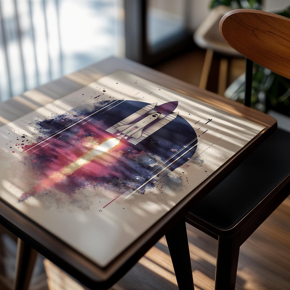 Space rocket launch illustration on a beige background, as a premium aluminum metal print from GoMetalPrint.
