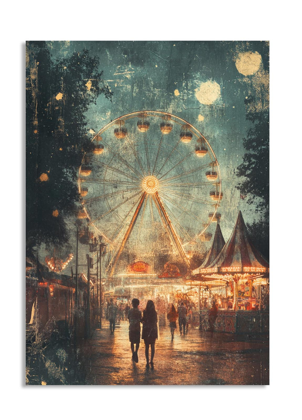 Ferris wheel at a carnival at night with people walking around, as a premium aluminum metal print from GoMetalPrint.
