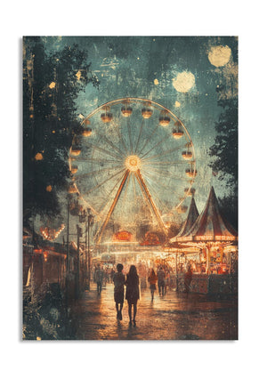 Ferris wheel at a carnival at night with people walking around, as a premium aluminum metal print from GoMetalPrint.
