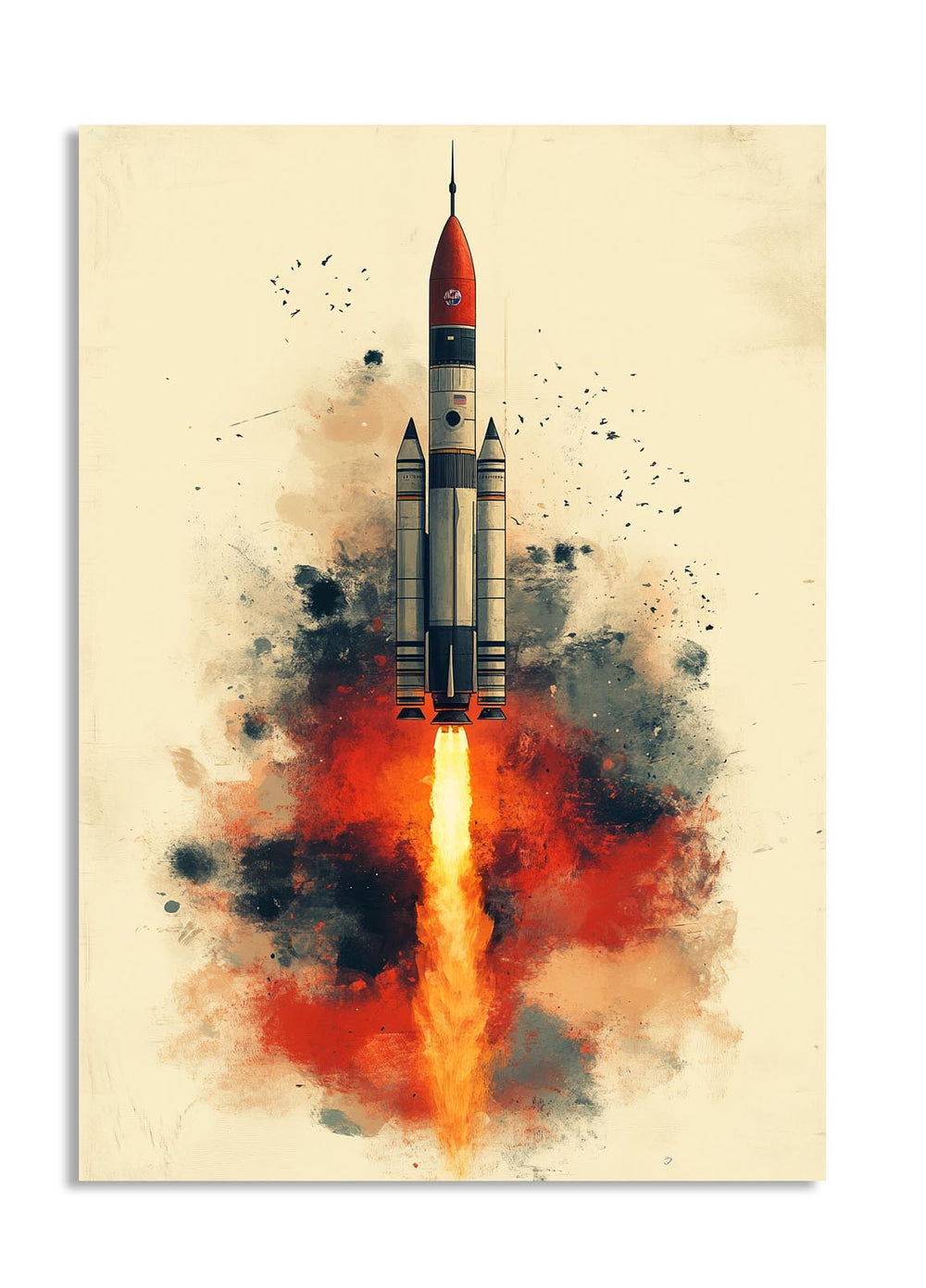 Artistic depiction of a rocket launch with watercolor effects on a beige background, as a premium aluminum metal print from GoMetalPrint.
