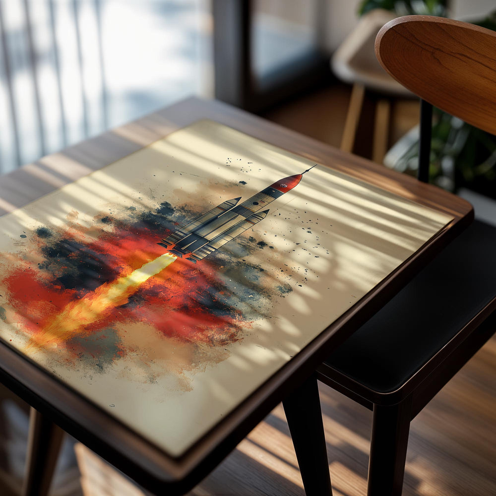 Artistic depiction of a rocket launch with watercolor effects on a beige background, as a premium aluminum metal print from GoMetalPrint.
