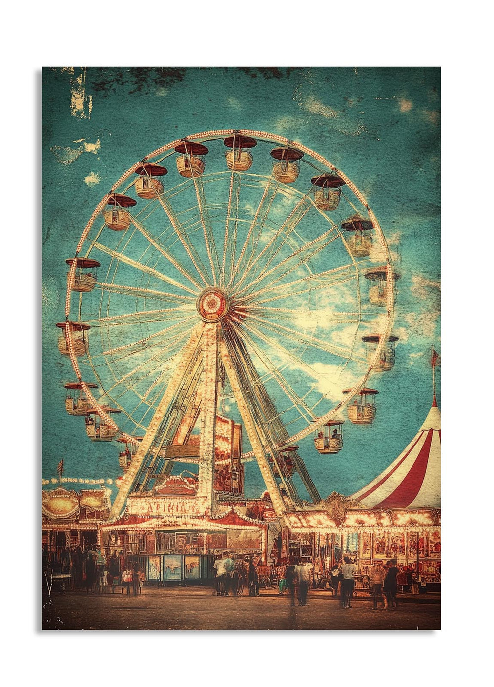 Vintage-style Ferris wheel at a carnival with a blue sky background, as a premium aluminum metal print from GoMetalPrint.
