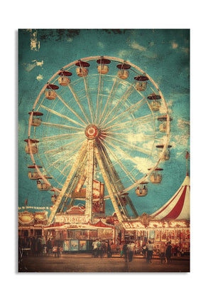 Vintage-style Ferris wheel at a carnival with a blue sky background, as a premium aluminum metal print from GoMetalPrint.
