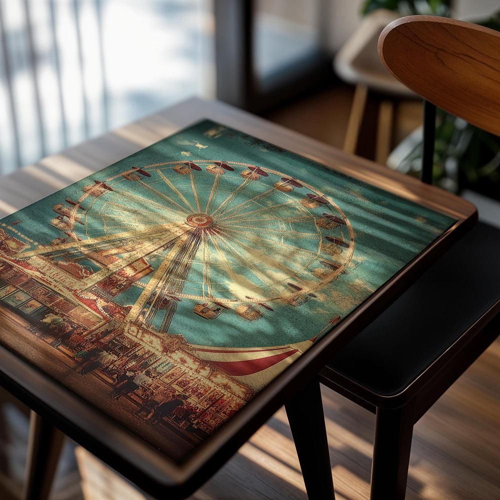 Vintage-style Ferris wheel at a carnival with a blue sky background, as a premium aluminum metal print from GoMetalPrint.

