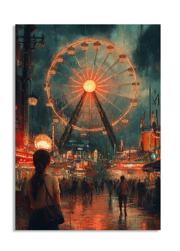 Ferris wheel at a carnival at night with people around, as a premium aluminum metal print from GoMetalPrint.
