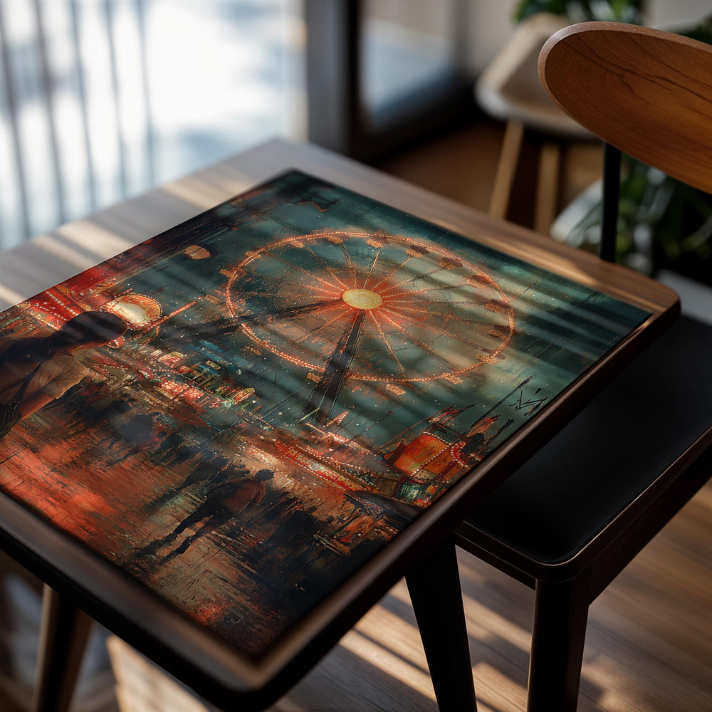 Ferris wheel at a carnival at night with people around, as a premium aluminum metal print from GoMetalPrint.
