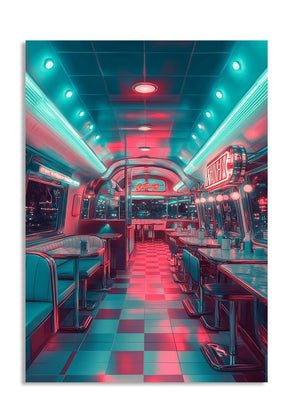Neon-lit interior of a retro diner with checkered floor and vintage decor, as a premium aluminum metal print from GoMetalPrint.
