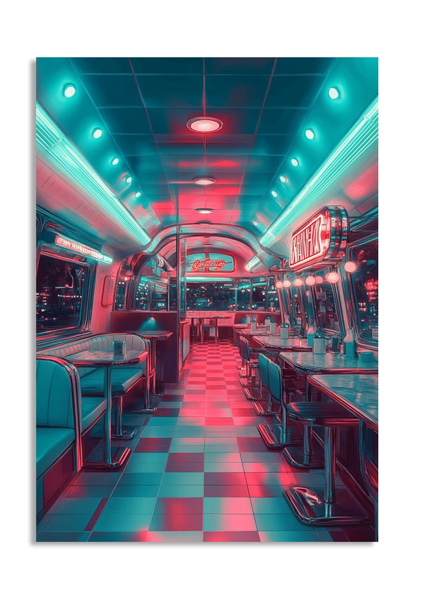 Neon-lit interior of a retro diner with checkered floor and vintage decor, as a premium aluminum metal print from GoMetalPrint.
