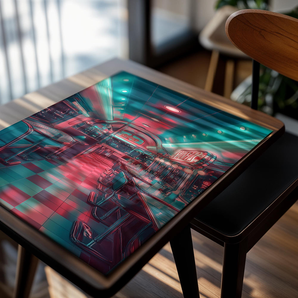 Neon-lit interior of a retro diner with checkered floor and vintage decor, as a premium aluminum metal print from GoMetalPrint.
