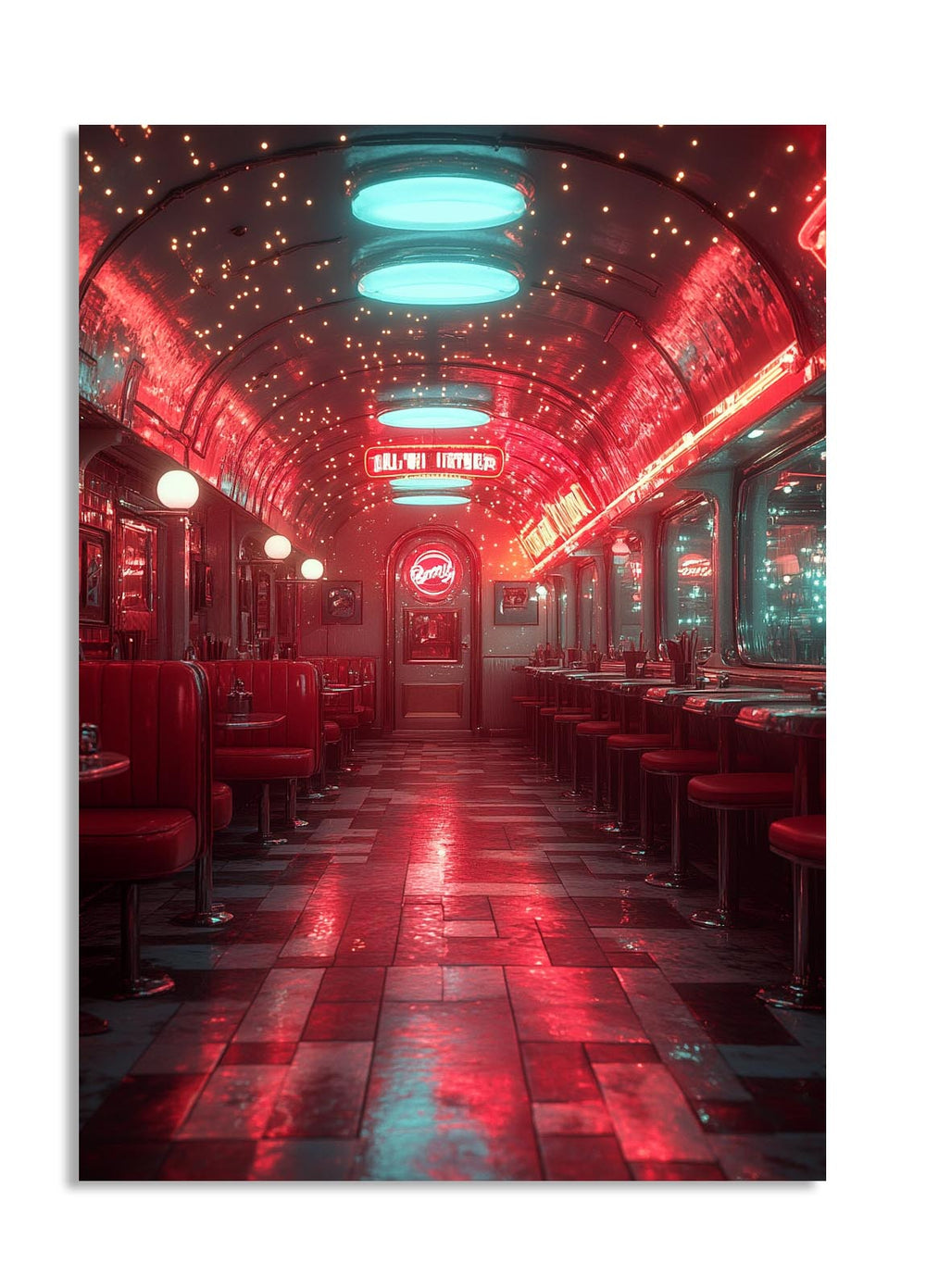 Neon-lit interior of a diner with red and black color scheme, as a premium aluminum metal print from GoMetalPrint.
