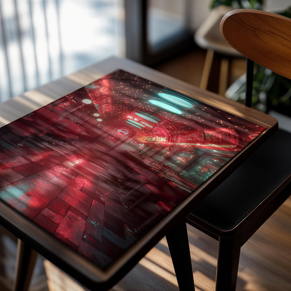 Neon-lit interior of a diner with red and black color scheme, as a premium aluminum metal print from GoMetalPrint.
