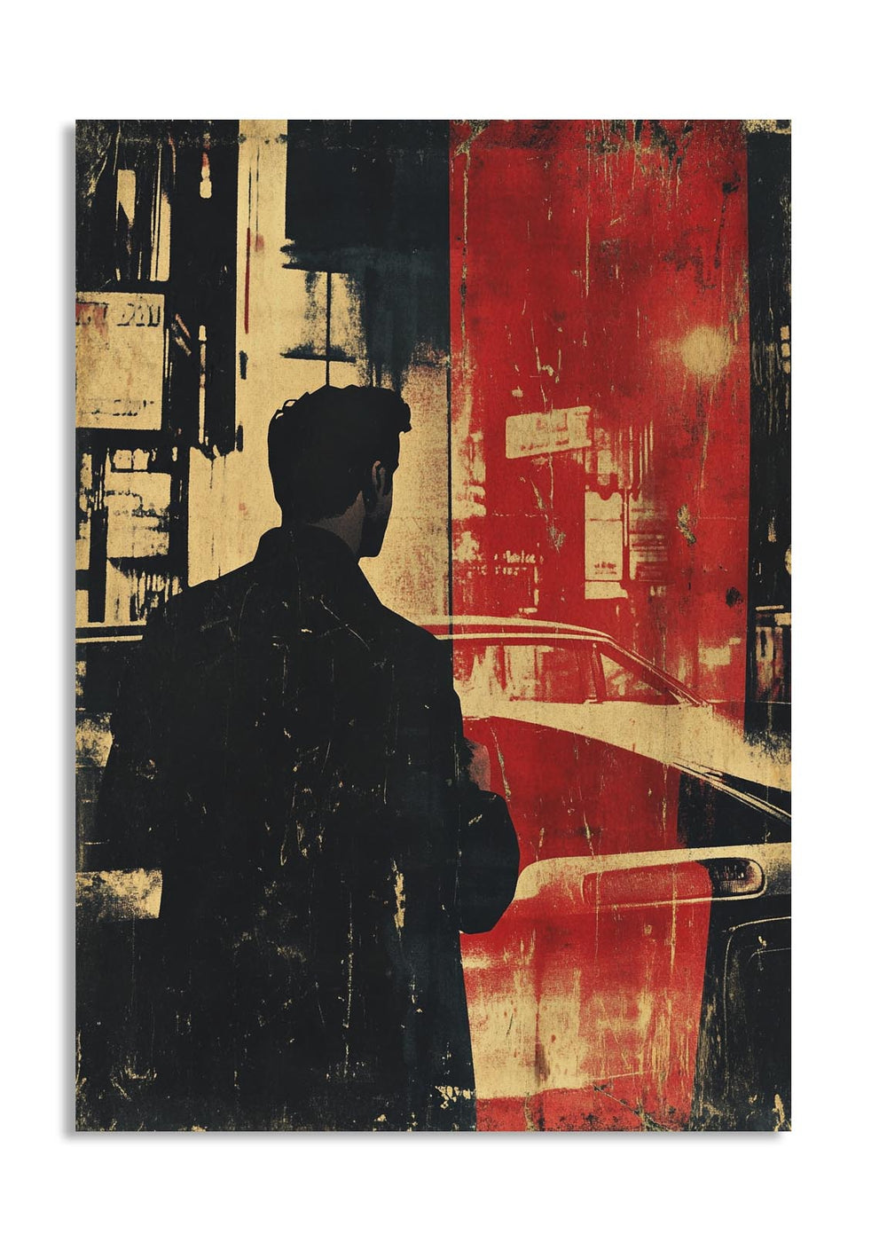 Artistic depiction of a silhouette against a stylized cityscape with red and black colors, as a premium aluminum metal print from GoMetalPrint.

