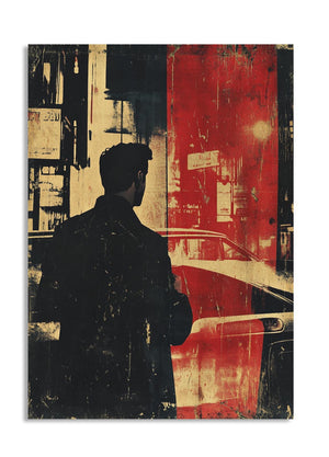 Artistic depiction of a silhouette against a stylized cityscape with red and black colors, as a premium aluminum metal print from GoMetalPrint.
