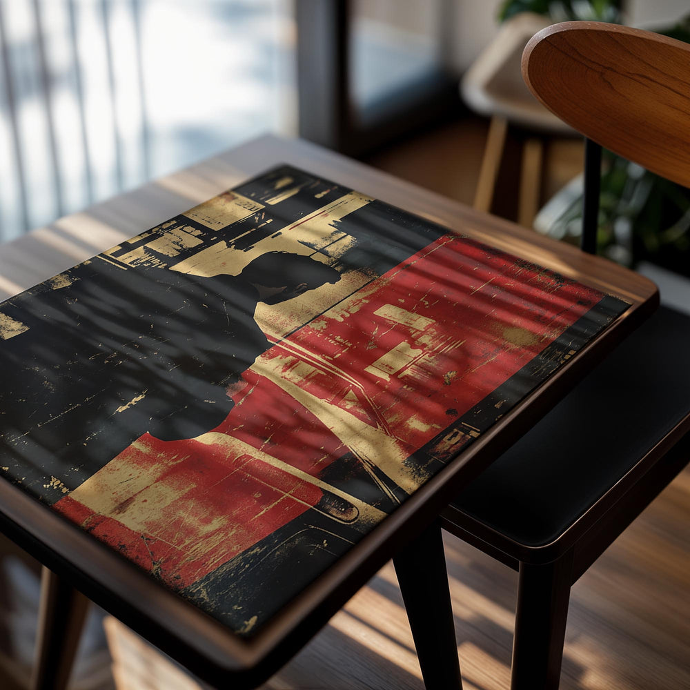 Artistic depiction of a silhouette against a stylized cityscape with red and black colors, as a premium aluminum metal print from GoMetalPrint.
