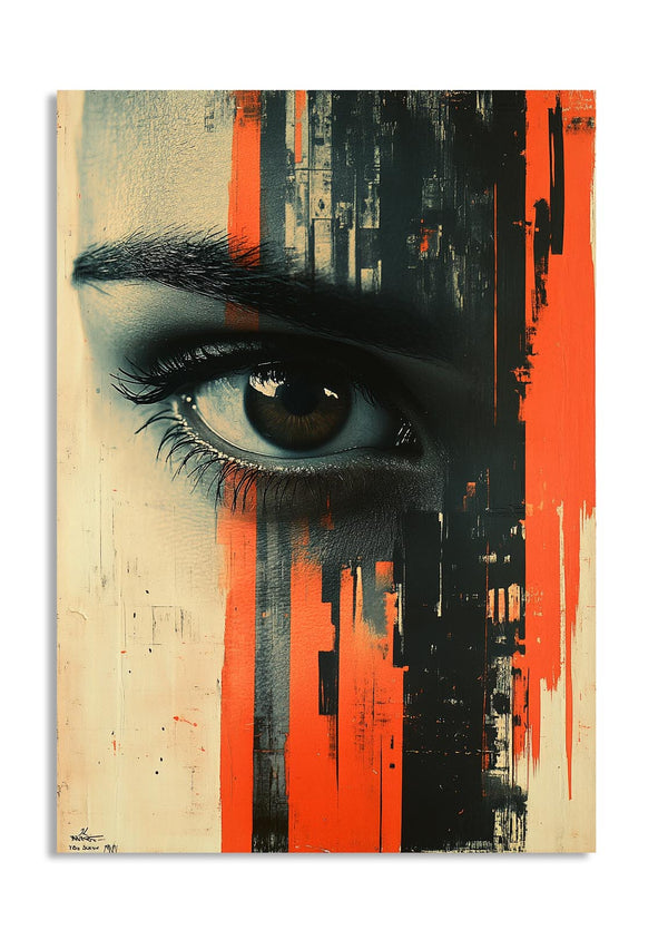 Artistic depiction of an eye with abstract orange, black, and beige background, as a premium aluminum metal print from GoMetalPrint.
