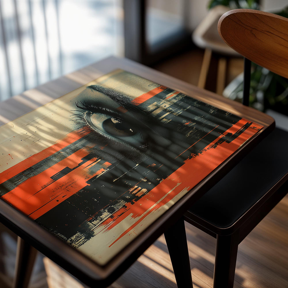 Artistic depiction of an eye with abstract orange, black, and beige background, as a premium aluminum metal print from GoMetalPrint.
