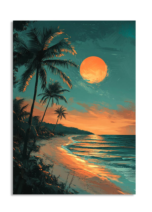 Tropical beach scene with palm trees and a large orange sunset, as a premium aluminum metal print from GoMetalPrint.
