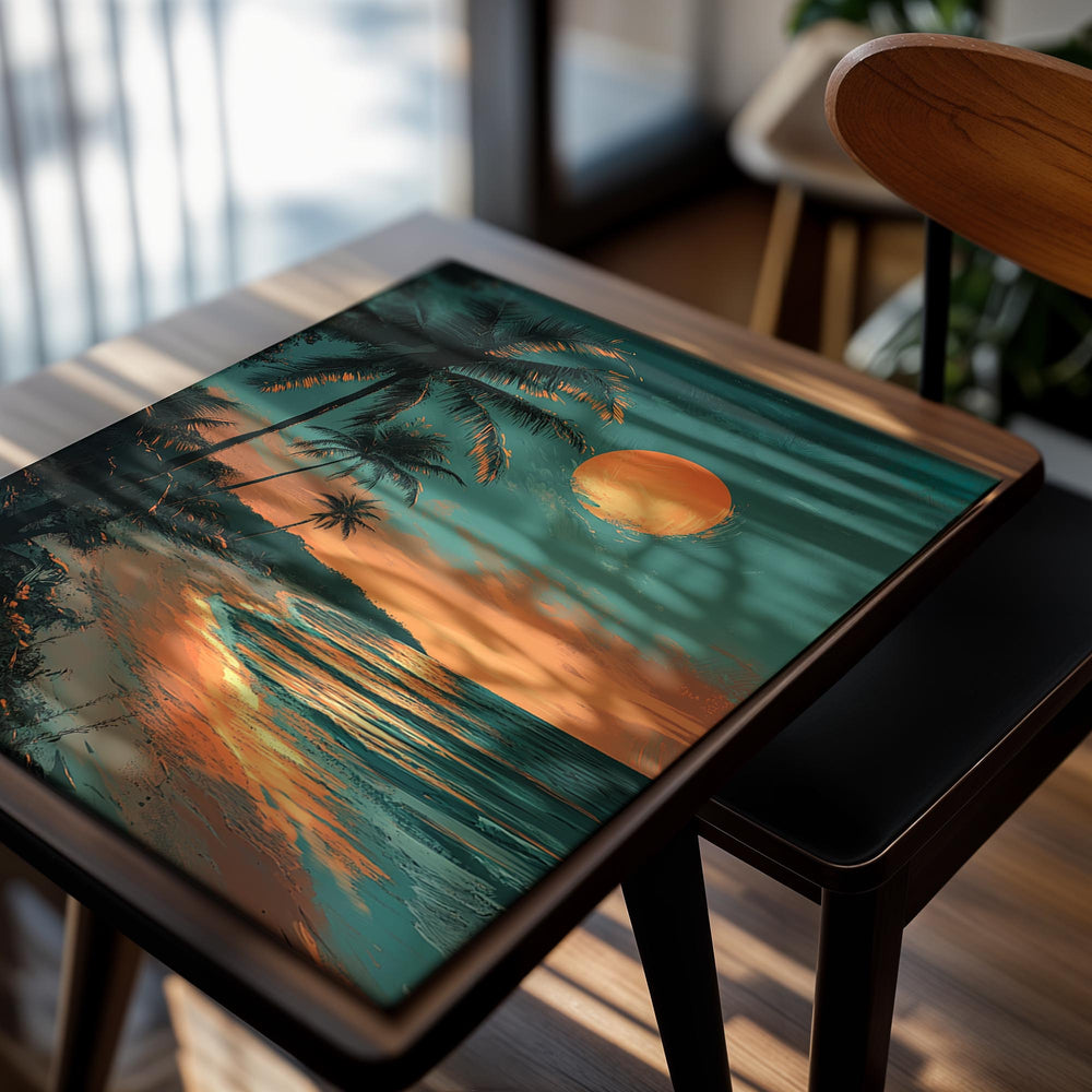 Tropical beach scene with palm trees and a large orange sunset, as a premium aluminum metal print from GoMetalPrint.
