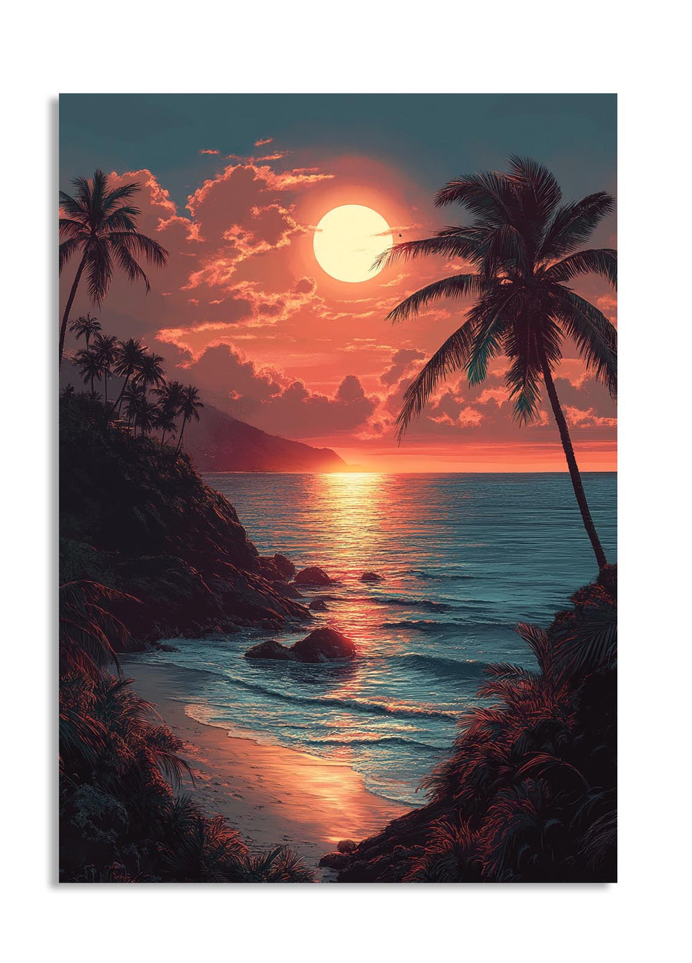 Tropical sunset with palm trees and a large moon over the ocean, as a premium aluminum metal print from GoMetalPrint.
