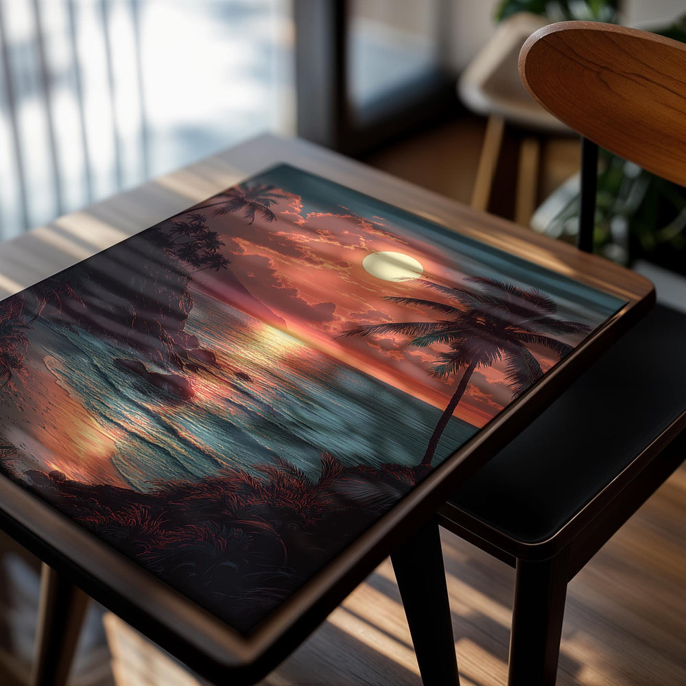 Tropical sunset with palm trees and a large moon over the ocean, as a premium aluminum metal print from GoMetalPrint.
