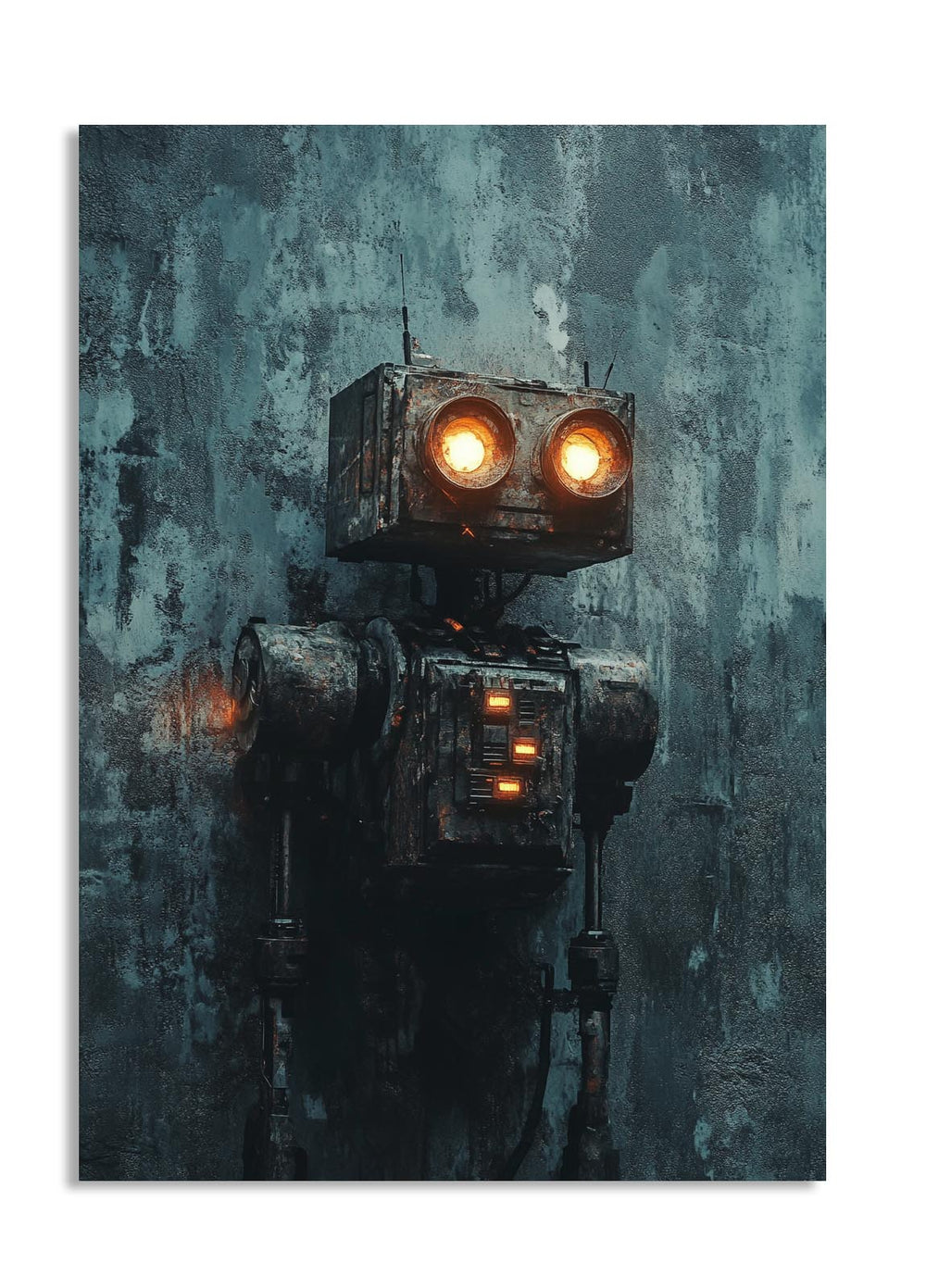 Vintage-style robot with glowing eyes against a textured blue background, as a premium aluminum metal print from GoMetalPrint.
