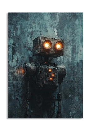 Vintage-style robot with glowing eyes against a textured blue background, as a premium aluminum metal print from GoMetalPrint.
