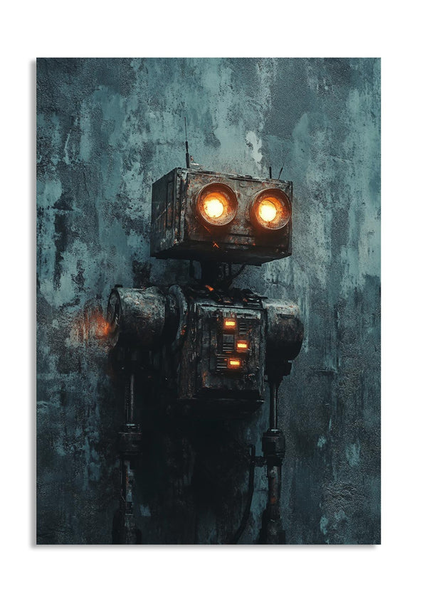 Vintage-style robot with glowing eyes against a textured blue background, as a premium aluminum metal print from GoMetalPrint.
