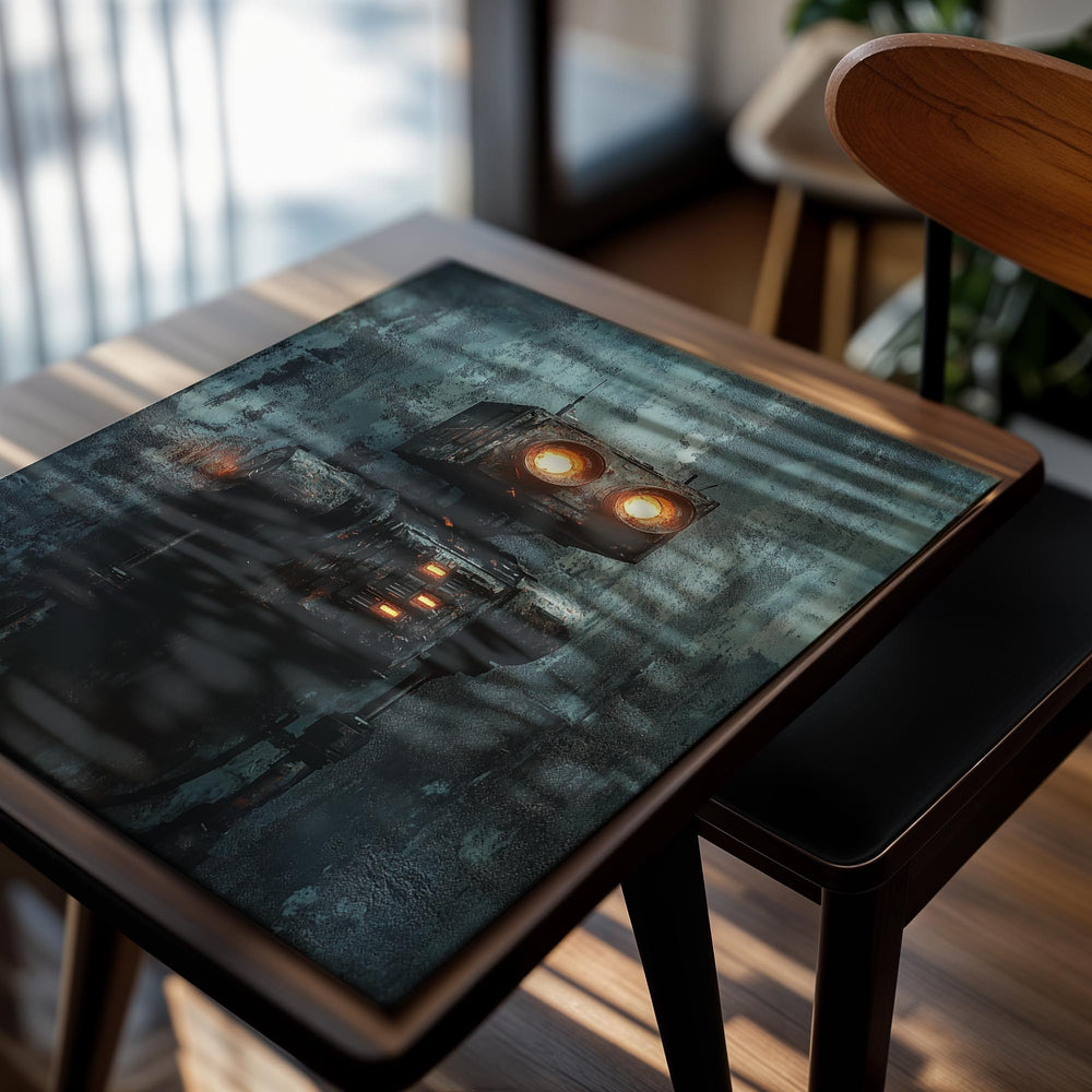 Vintage-style robot with glowing eyes against a textured blue background, as a premium aluminum metal print from GoMetalPrint.
