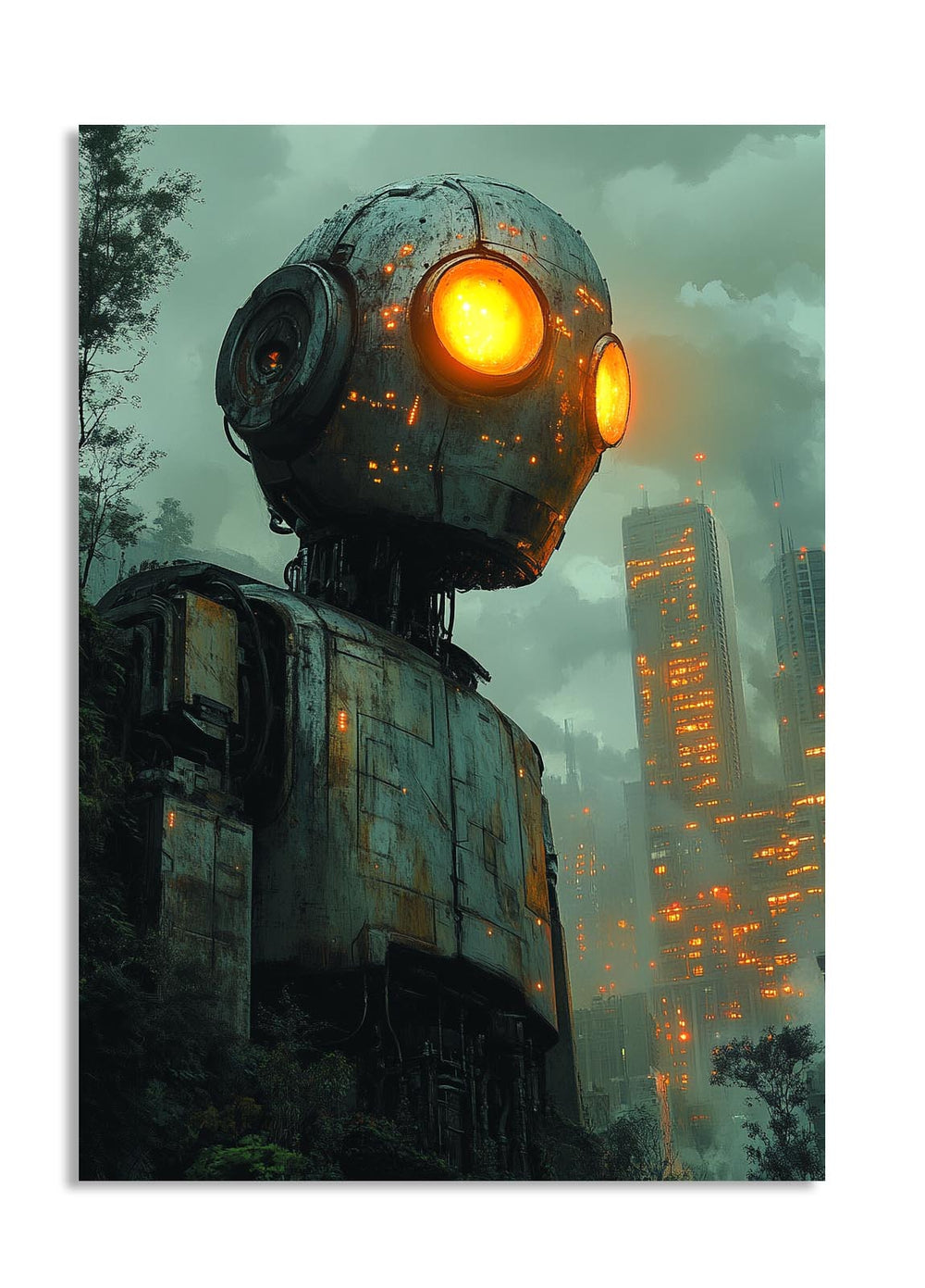 Large robot with glowing eyes in a dystopian cityscape, as a premium aluminum metal print from GoMetalPrint.
