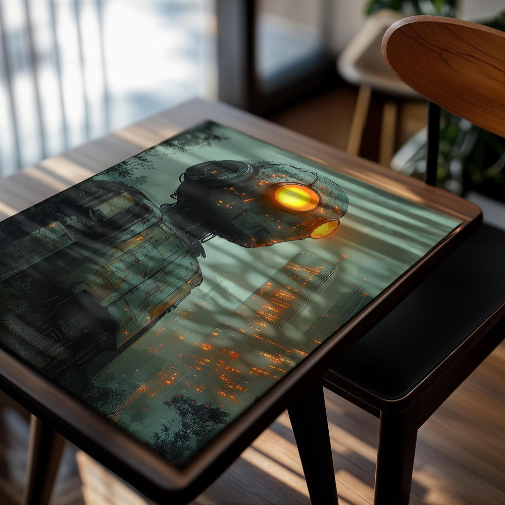 Large robot with glowing eyes in a dystopian cityscape, as a premium aluminum metal print from GoMetalPrint.
