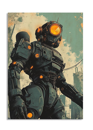 Illustration of a robot in a retro-futuristic setting with a vintage color palette, as a premium aluminum metal print from GoMetalPrint.
