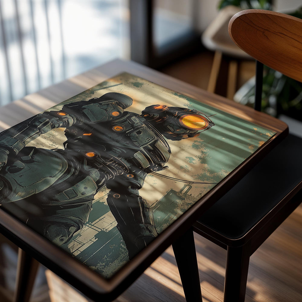 Illustration of a robot in a retro-futuristic setting with a vintage color palette, as a premium aluminum metal print from GoMetalPrint.
