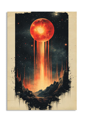 Artistic depiction of a fiery celestial body over a mountainous landscape with a vintage border, as a premium aluminum metal print from GoMetalPrint.
