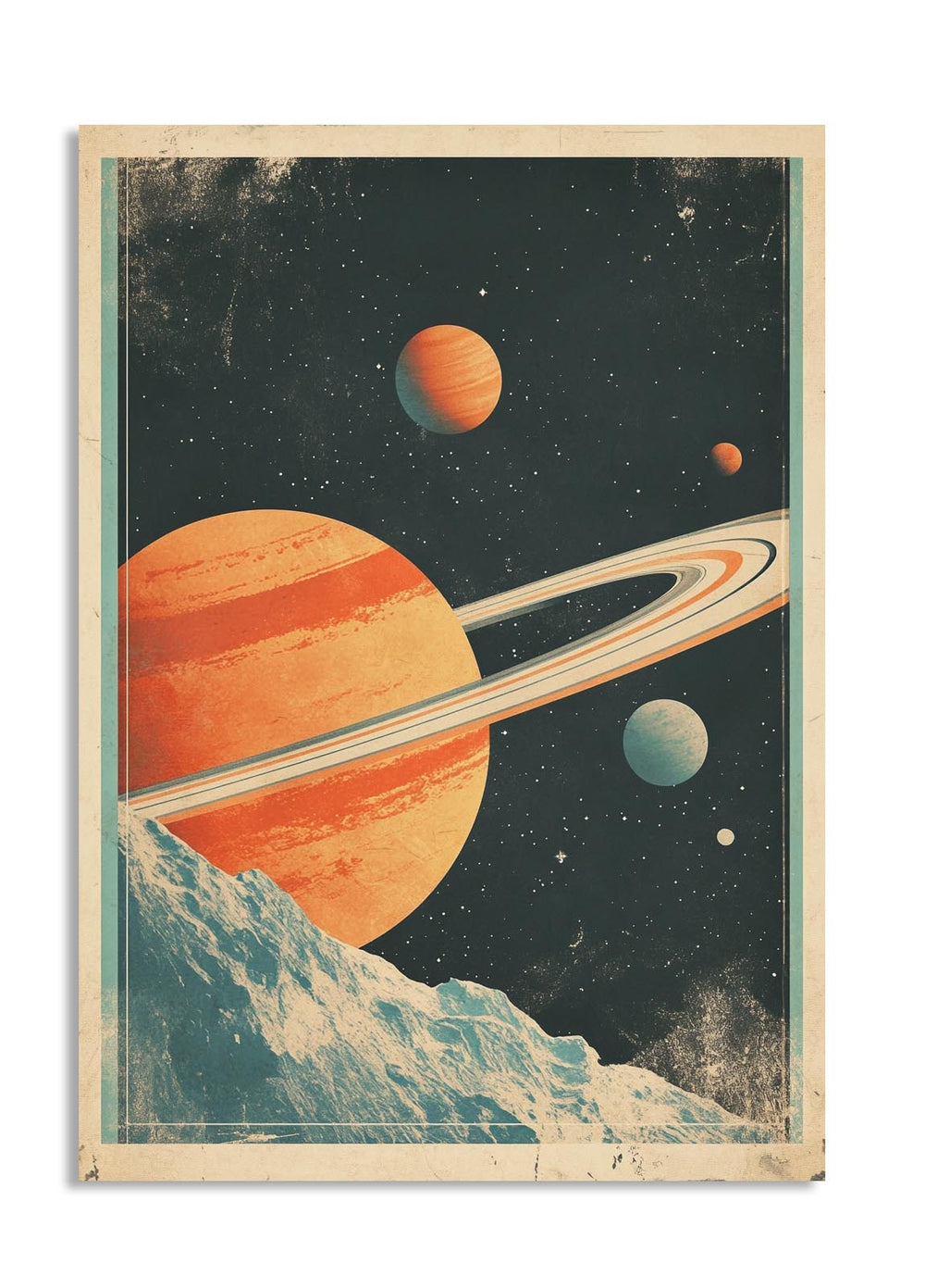 Vintage-style space poster with planets and rings, as a premium aluminum metal print from GoMetalPrint.
