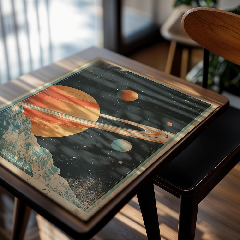 Vintage-style space poster with planets and rings, as a premium aluminum metal print from GoMetalPrint.
