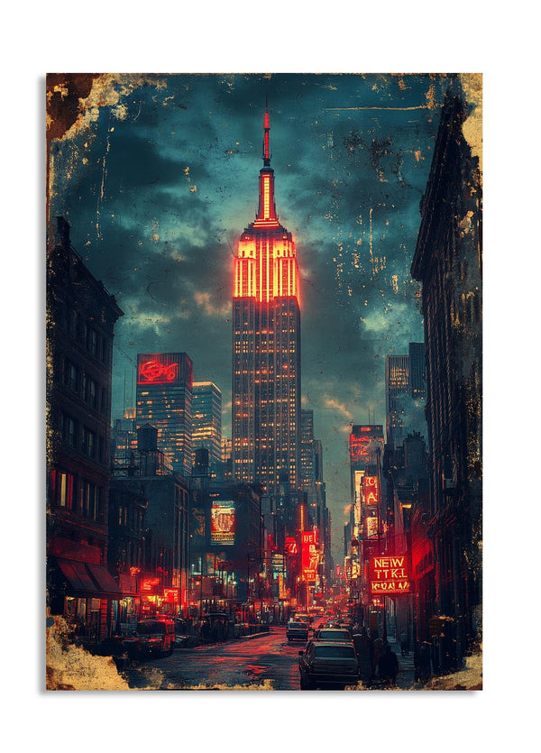 Vintage-style city street with the Empire State Building illuminated at night, as a premium aluminum metal print from GoMetalPrint.
