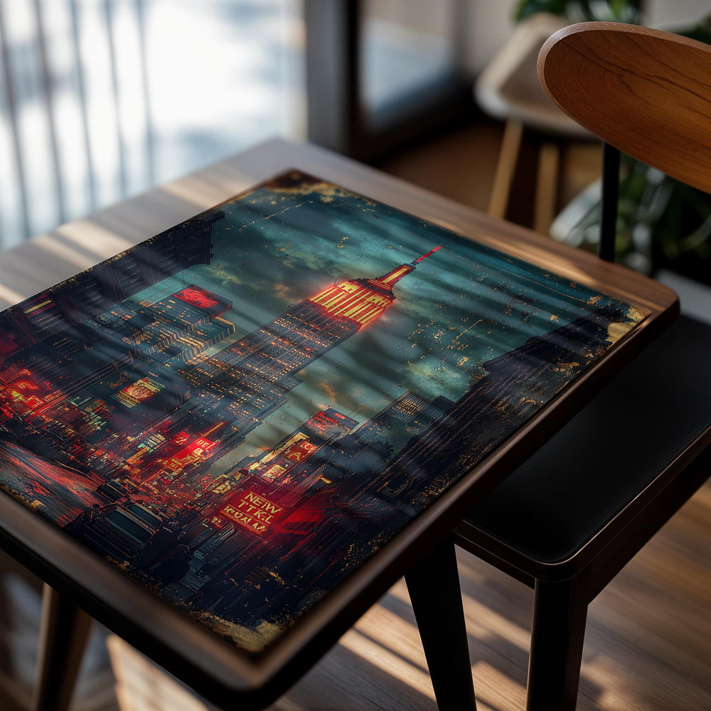 Vintage-style city street with the Empire State Building illuminated at night, as a premium aluminum metal print from GoMetalPrint.
