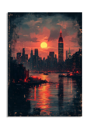 City skyline at sunset with a large sun, reflecting on water, as a premium aluminum metal print from GoMetalPrint.
