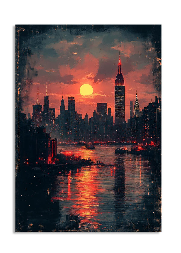 City skyline at sunset with a large sun, reflecting on water, as a premium aluminum metal print from GoMetalPrint.
