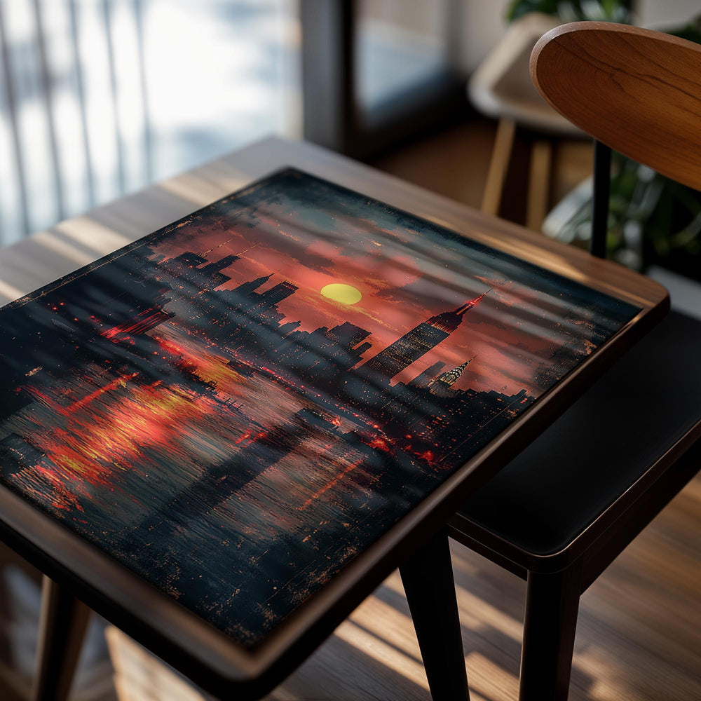 City skyline at sunset with a large sun, reflecting on water, as a premium aluminum metal print from GoMetalPrint.

