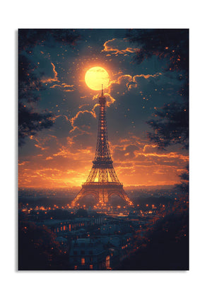 Eiffel Tower under a dramatic sky with a large moon and clouds, as a premium aluminum metal print from GoMetalPrint.
