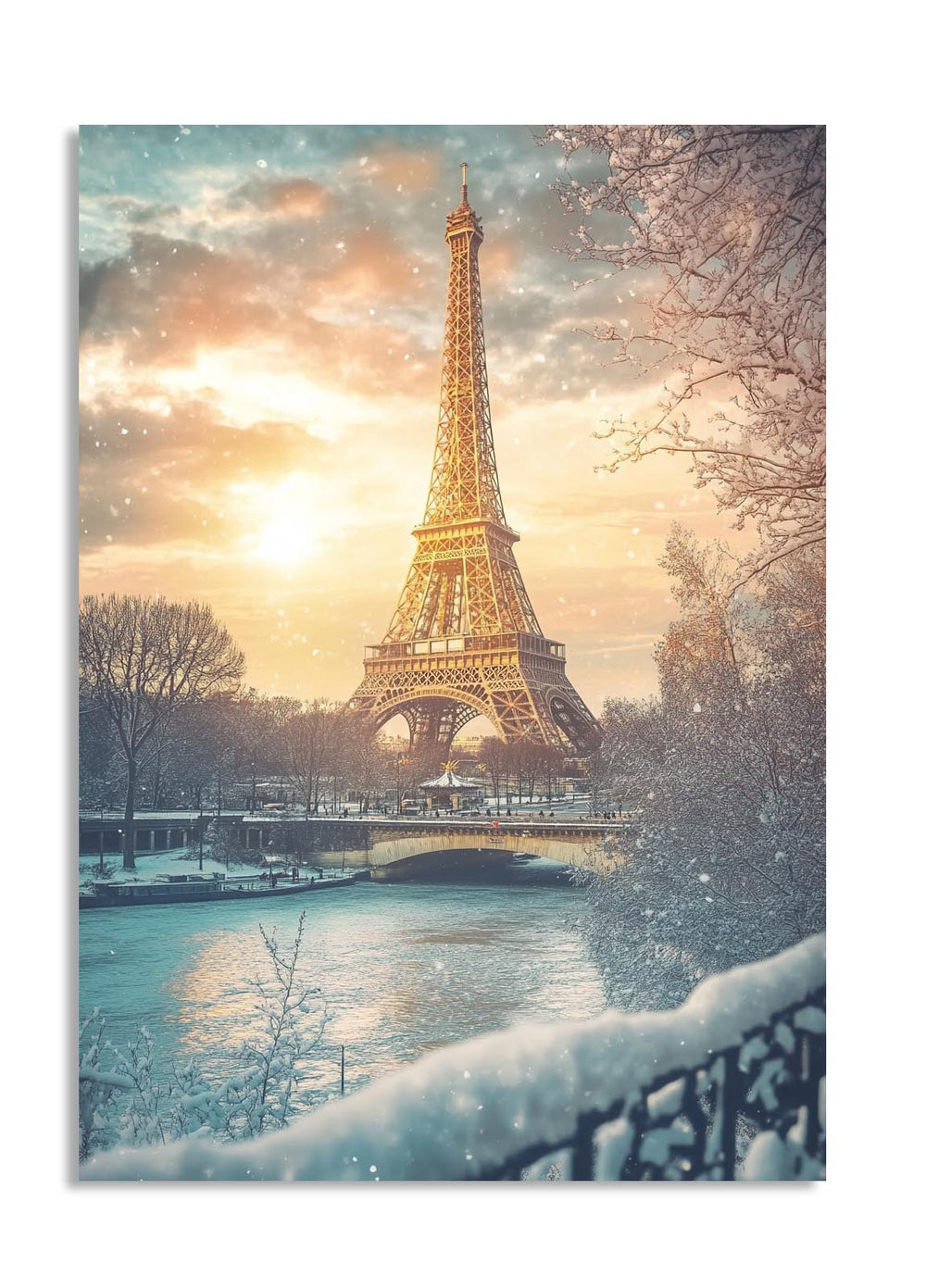 Eiffel Tower in Paris during winter with snow on the ground and trees, as a premium aluminum metal print from GoMetalPrint.
