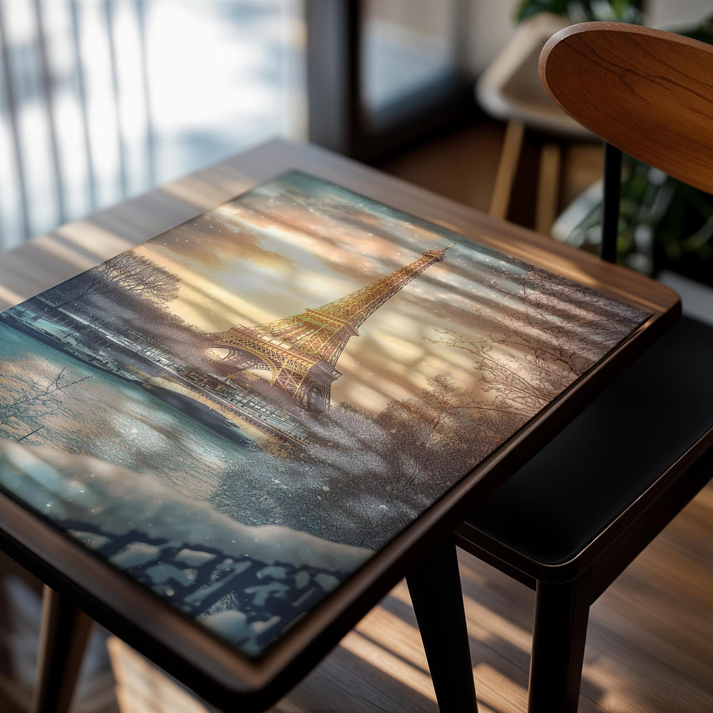 Eiffel Tower in Paris during winter with snow on the ground and trees, as a premium aluminum metal print from GoMetalPrint.
