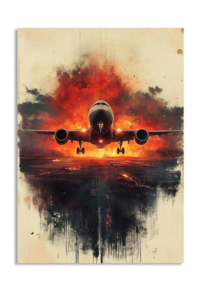 Artistic depiction of an airplane against a dramatic sky with red and black colors, as a premium aluminum metal print from GoMetalPrint.
