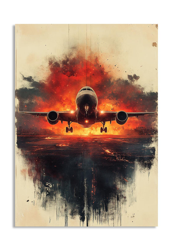 Artistic depiction of an airplane against a dramatic sky with red and black colors, as a premium aluminum metal print from GoMetalPrint.
