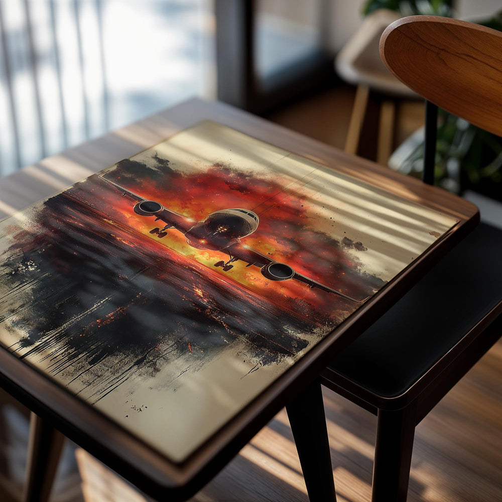Artistic depiction of an airplane against a dramatic sky with red and black colors, as a premium aluminum metal print from GoMetalPrint.
