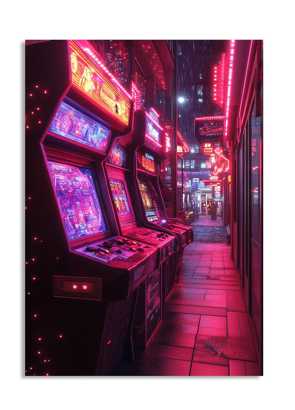 Neon-lit arcade machines in a city alleyway, as a premium aluminum metal print from GoMetalPrint.
