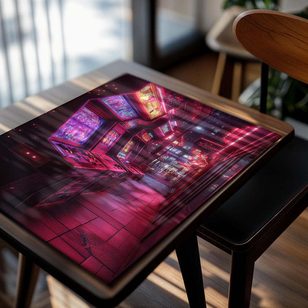 Neon-lit arcade machines in a city alleyway, as a premium aluminum metal print from GoMetalPrint.
